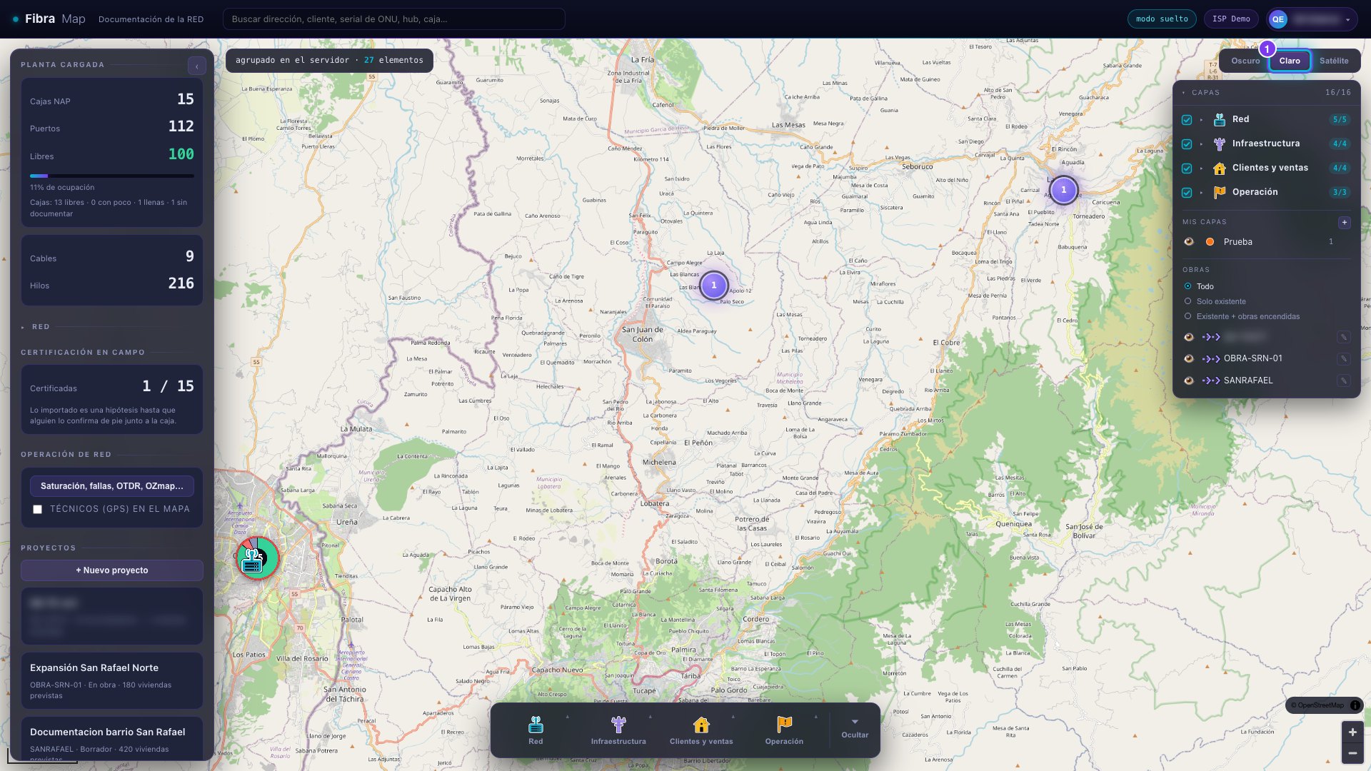 Mapa de FibraMap en tema claro con elementos agrupados